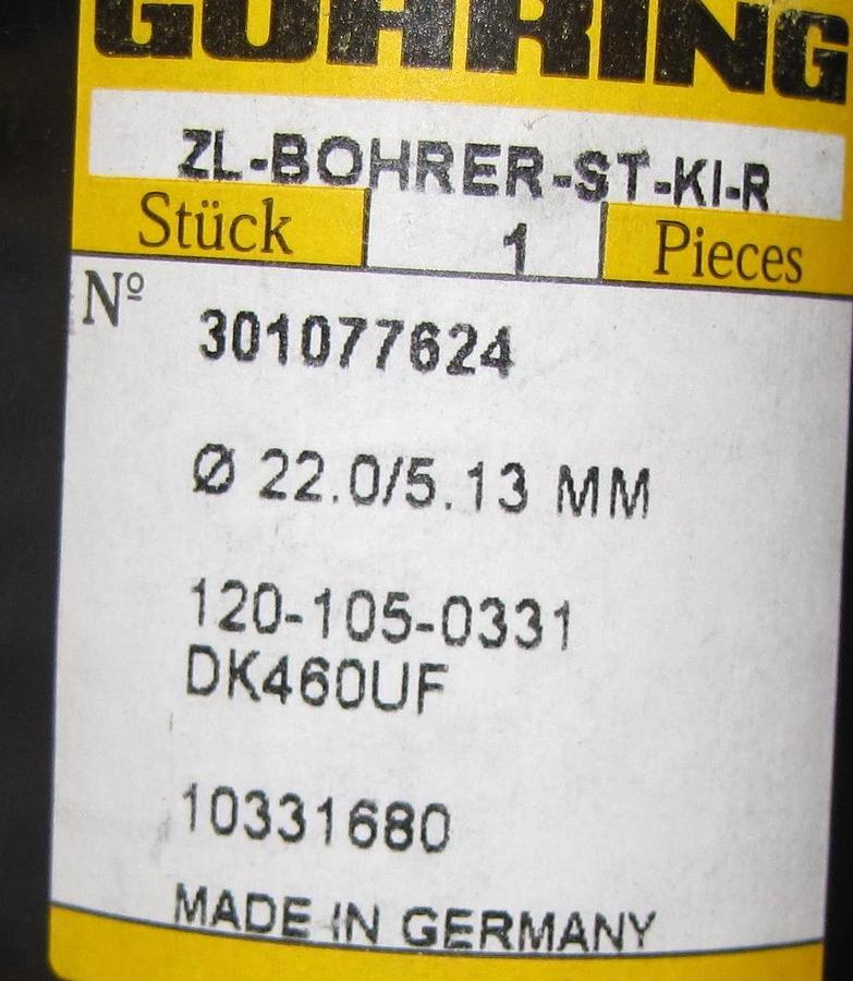 Guhring Step Drill Carbide with Coolant DK460UF  22mm ZL-Bohrer-ST-KI-R   *new*
