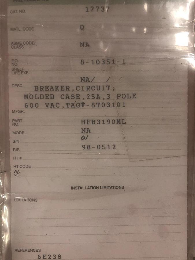 Used Cutler Hammer HFB319OML AB De-ion Circuit Breaker 3 Pole 600 V AC 25 amp