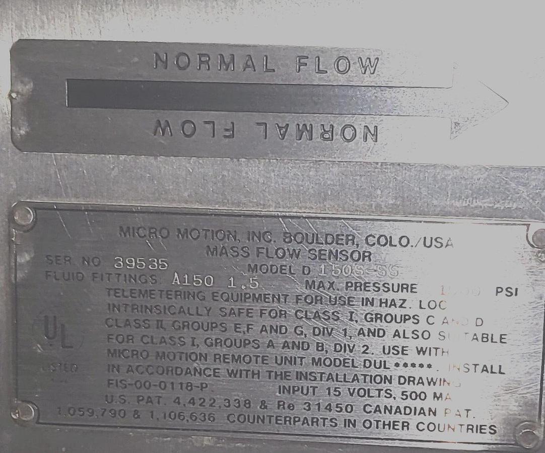 Used MICRO MOTION  FLOW METER 150S-SS MODEL D W/O TRANSMITTER