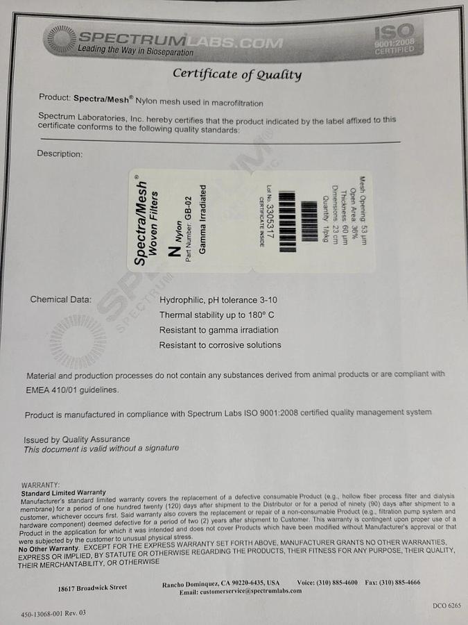 SPECTRUM LABS Spectra/Mesh Woven Filters 53µm opening, 23 cm disc, Nylon  GB-02