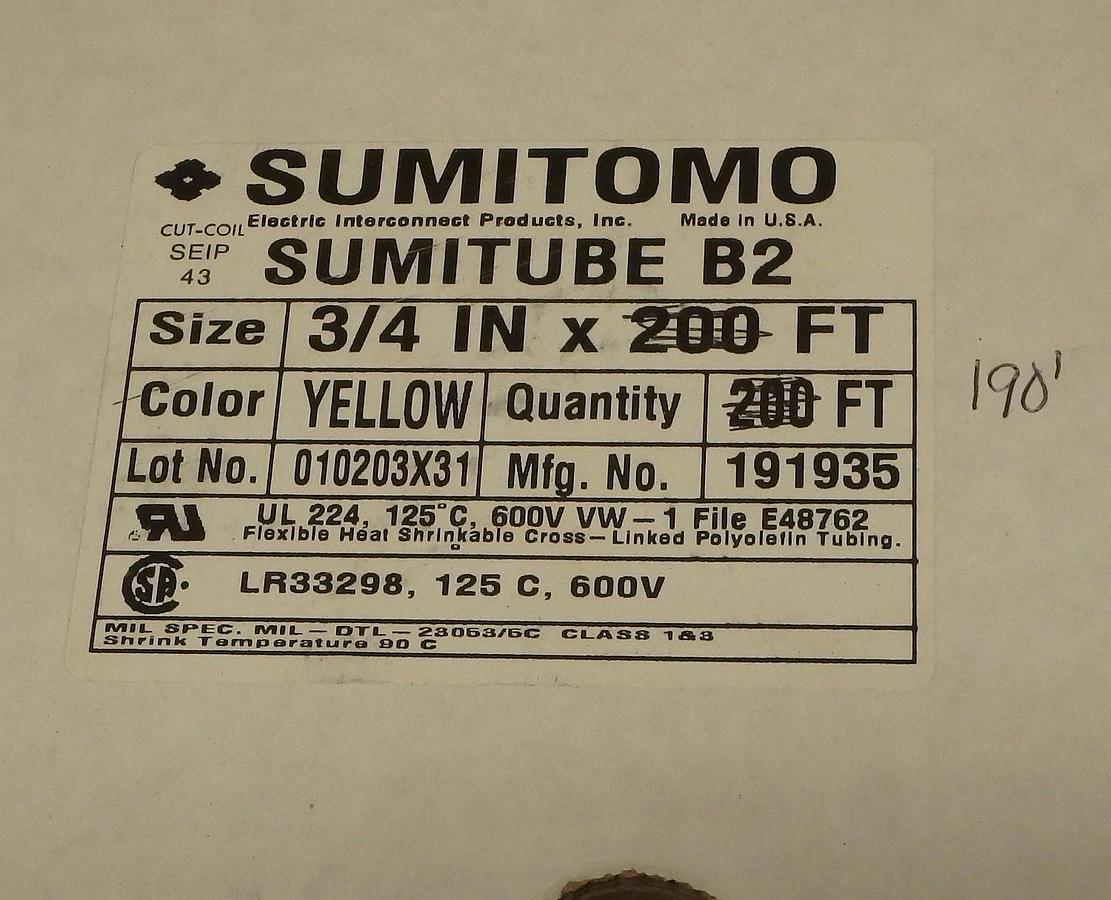200' Sumitomo Electric Sumitube B2  3/4" Heat Shrink tubing YELLOW