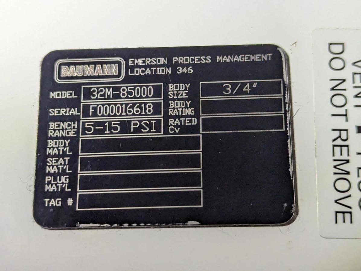 Used Fisher Baumann 32M-85000 Sanitary Pinch Valve w/ Hart F000016618 Fisher controls