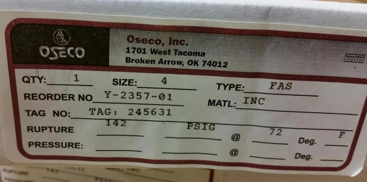 4" Oseco FAS Rupture Disc 142 psig @ 72°F,  Inconel