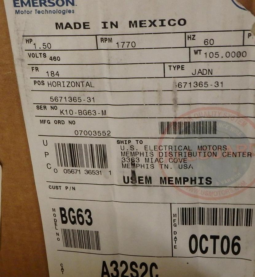 1.5 HP EMERSON U.S. MOTORS  A32S2C Frame 184  ELECTRIC MOTOR 460V