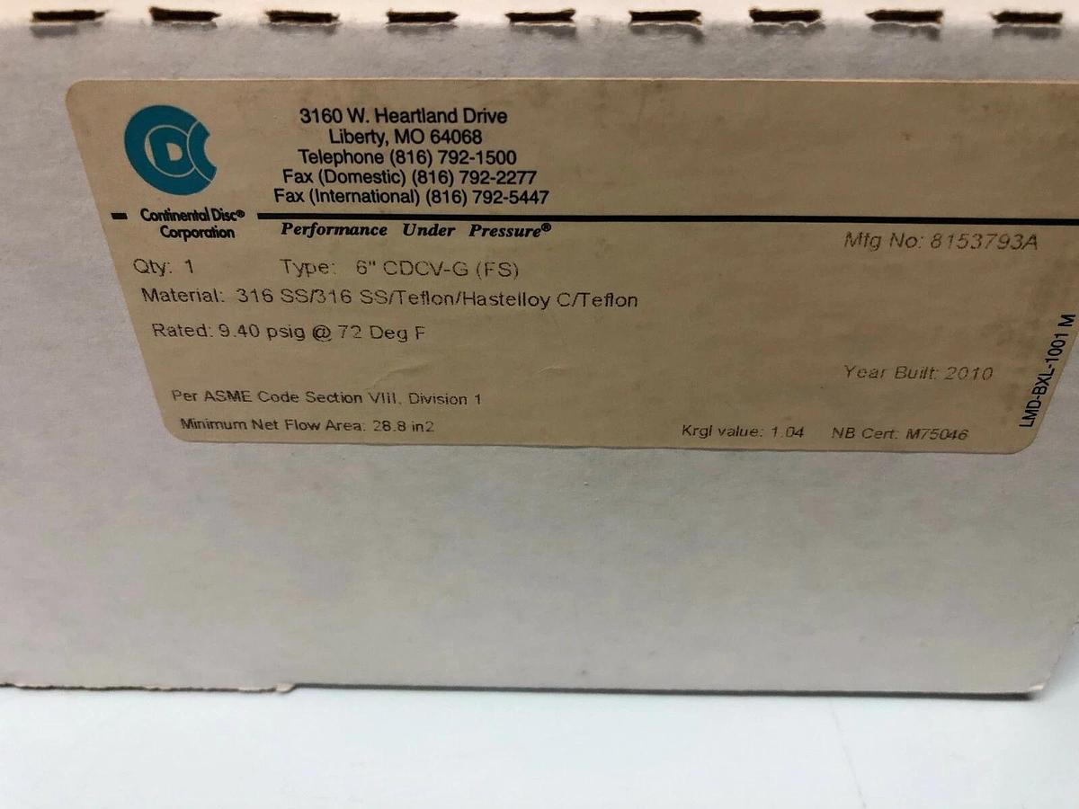 Continental Rupture Disc 6" CDCV-G (FS), 9.4 psig @ 72 Deg. F, 316-Teflon-HAST
