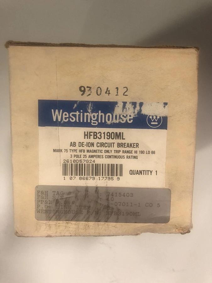 Westinghouse Circuit Breaker 25 Amp 600V AC Mark 75 Type HFB319OML