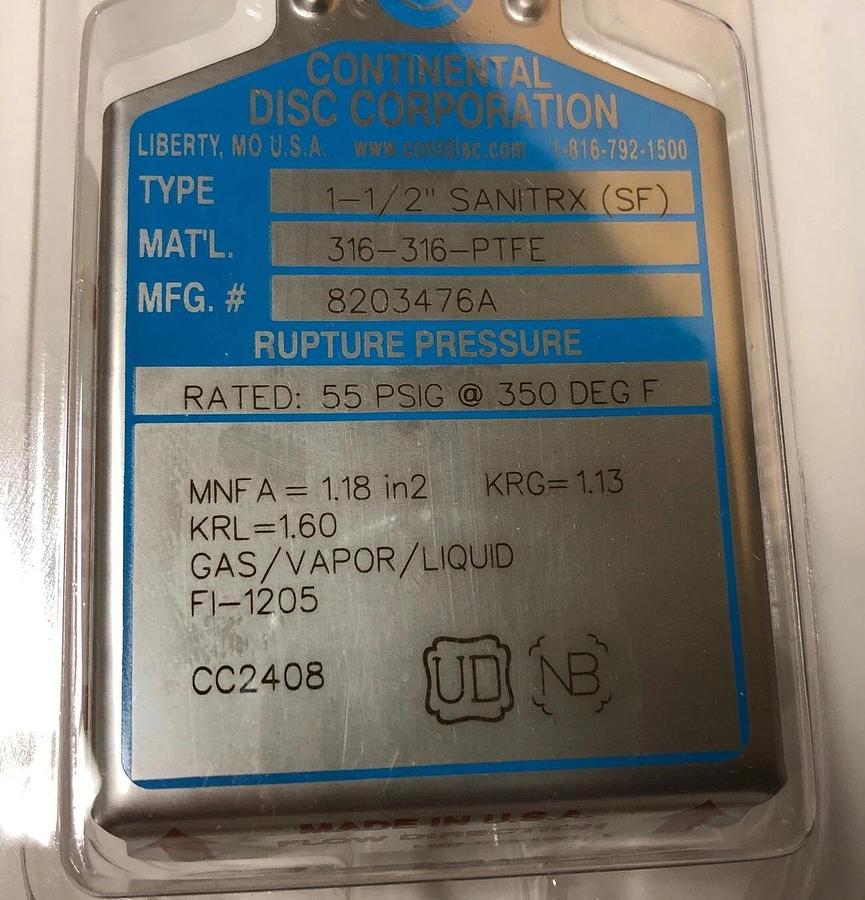 Continental Rupture Disc 1 1/2" SANITRX (SF), 55 psig @ 350 Deg. F, 316/316/PTFE