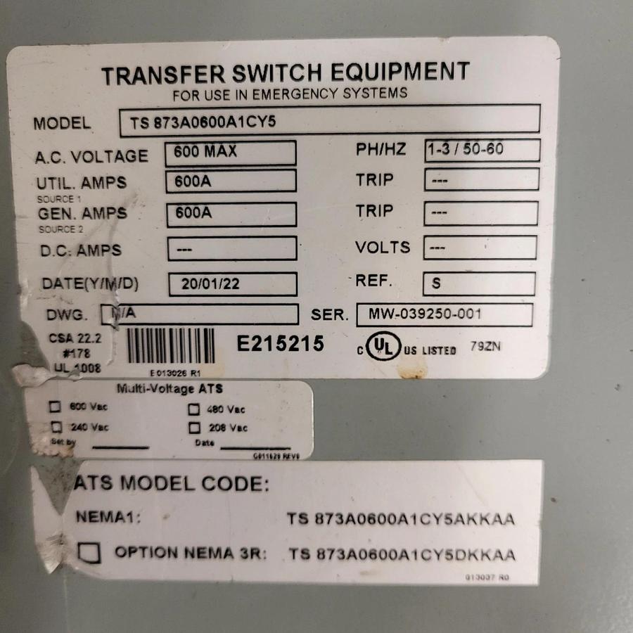 Used Thomson Power Systems 600A TS 870 Automatic Transfer Switch, 3 Pole TS873A0600A1