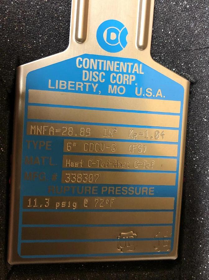 Continental Rupture Disc 6" CDCV-G (FS), 11.3 psig @ 72 Deg. F, HAST C-Teflon