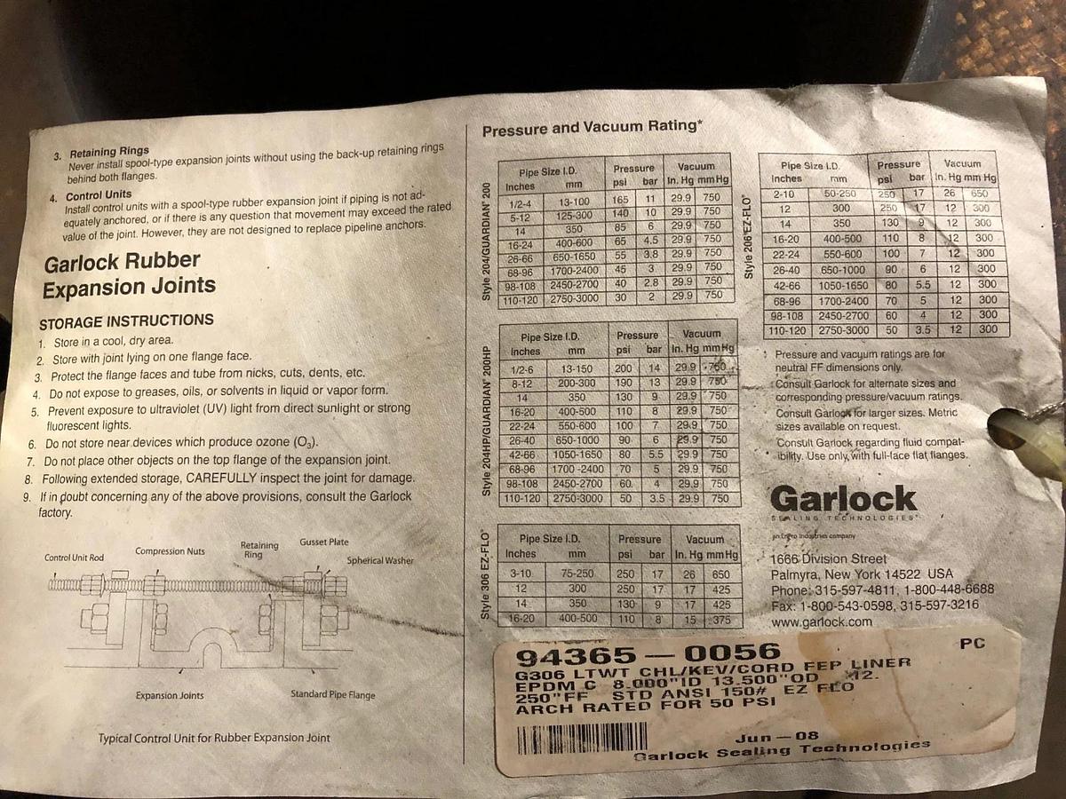 8" GARLOCK G306 E-Z FLO RUBBER EXPANSION JOINT