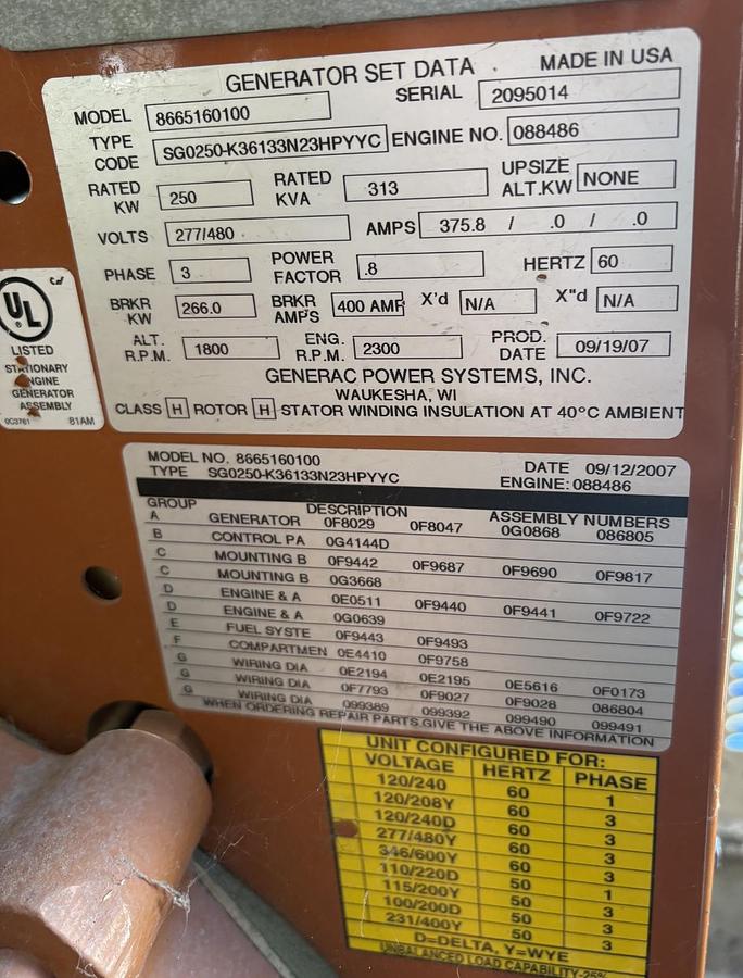 Used Generac SG250 Natural Gas Generator 250kW 480V 3Ø less than 120 hrs!