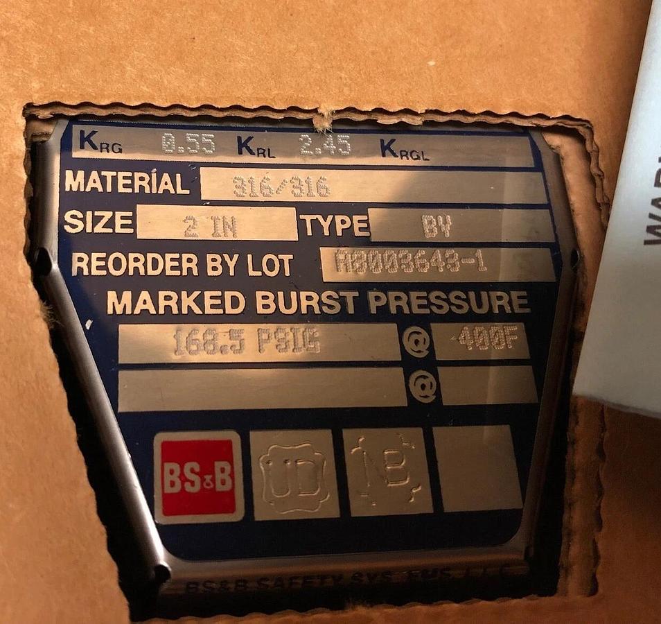 BS&B 2" Rupture Disk type BV, 168.5 PSIG @ 400°F  316/316
