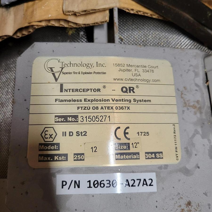 12" CV Technology Interceptor-QR stainless steel flame arrestor, explosion vent