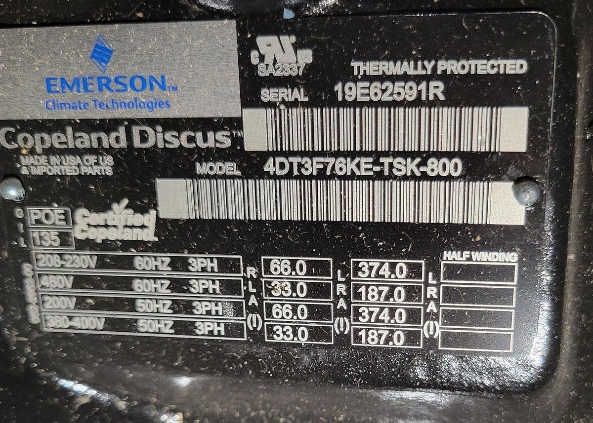 Copeland 4DT3F76KE-TSK-800, 22 HP, 208-230/460V, 3-Phase Semi-Hermetic Discus Refrigeration Compressor