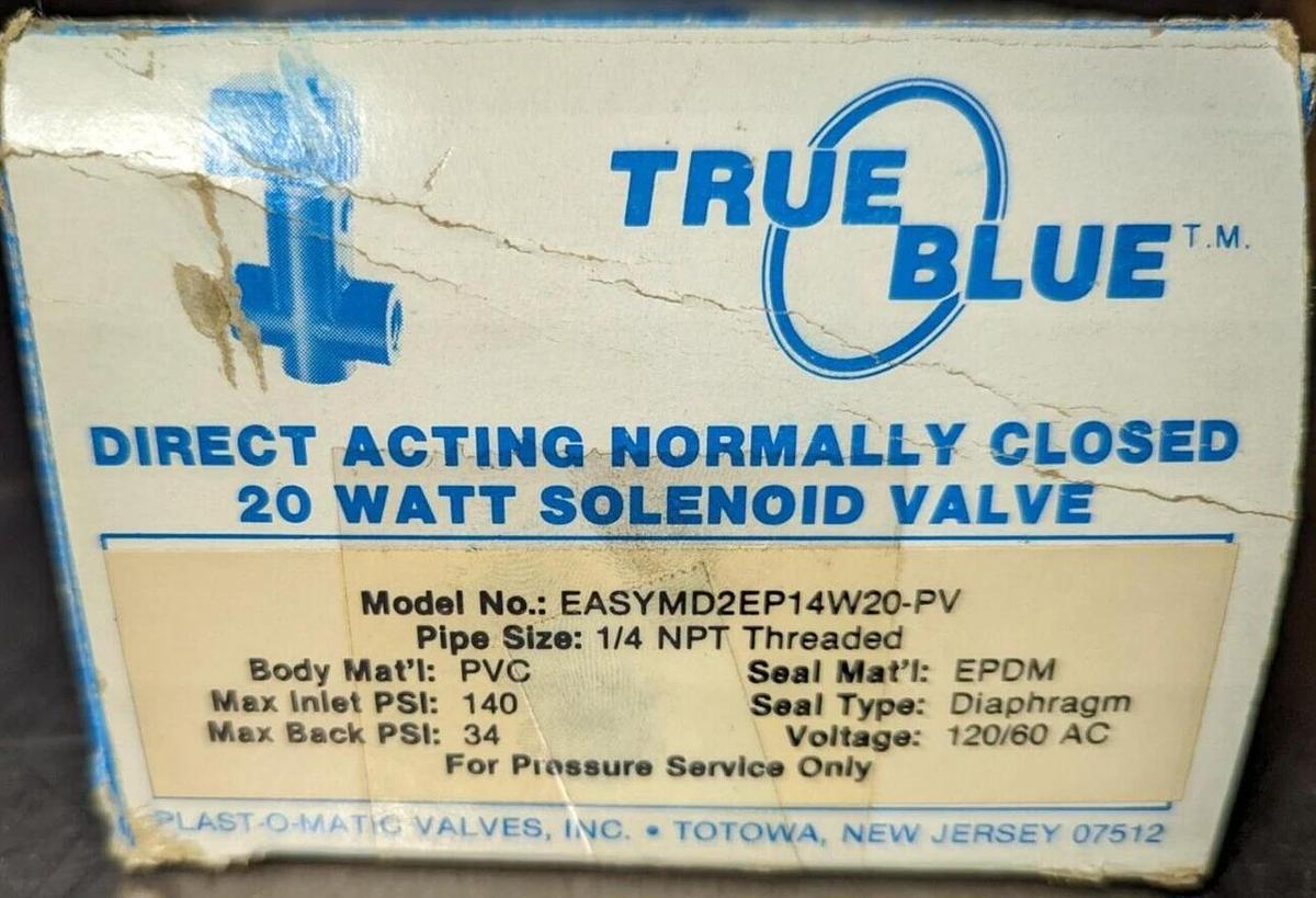 Plast-O-Matic True Blue  EASYMD2EP14W20-PV Solenoid  Valve pipe size 1/4"