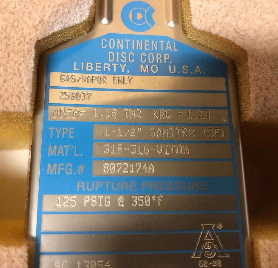 Continental Rupture Disc 1 1/2" SANITRX (SF), 125 psig @ 350 Deg. F, 316/316/VIT