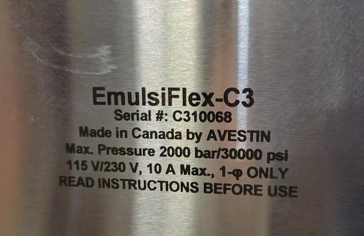 Used Avestin EmulsiFlex-C3 High pressure homogenizer 30,000 psi