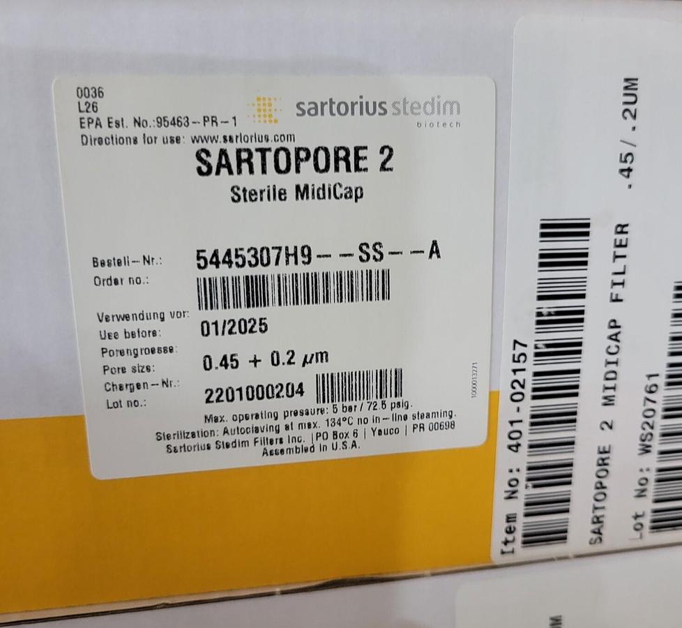 Sartopore 2 Sterile Midicap Filters 4/pk, 0.45 + 0.2 µm, Sartorius 5445307H9--SS