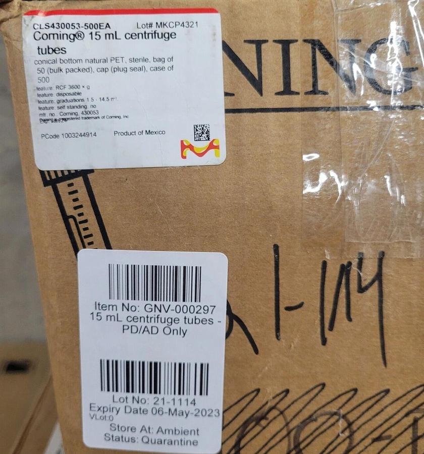 CORNING 15mL PET Centrifuge Tubes Racked With Plug Seal Cap 430053 (500/cs)
