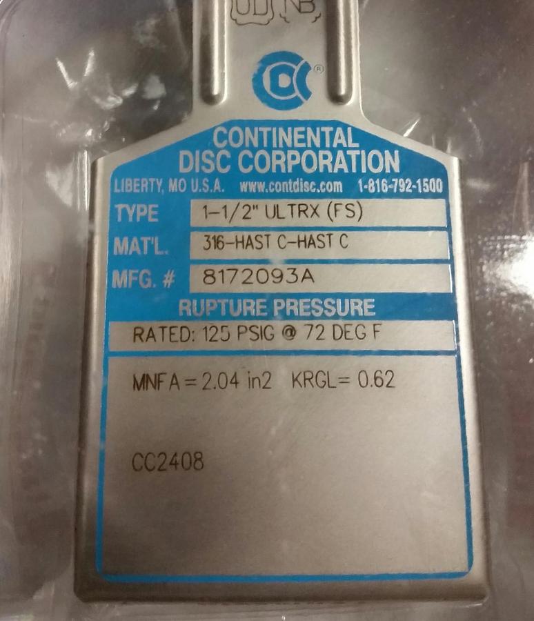 Continental Rupture Disc 1-1/2" ULTRX (FS), 125 psig @ 72 Deg. F, 316-HAST C