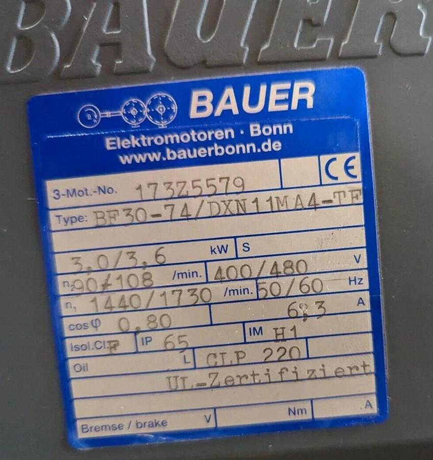 Used Bauer Gearmotor BF30-74/DXN11MA4-TE, E 26366530-1,  electric motor