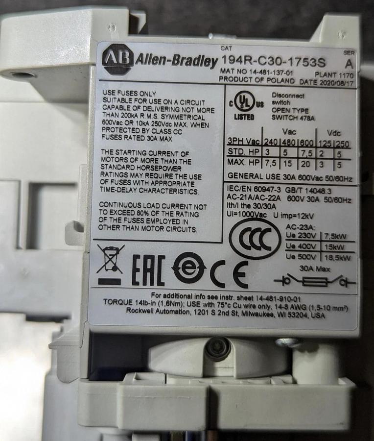 Used Allen Bradley 194R-C30-1753S Switch
