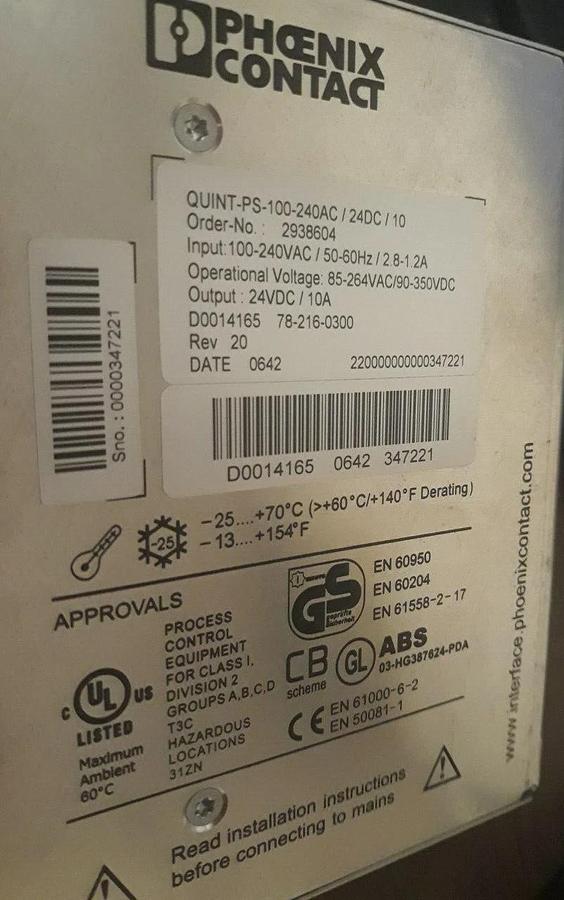 Used PHOENIX CONTACT QUINT-PS-100-240AC/24DC/10 POWER SUPPLY UNIT 2938604.