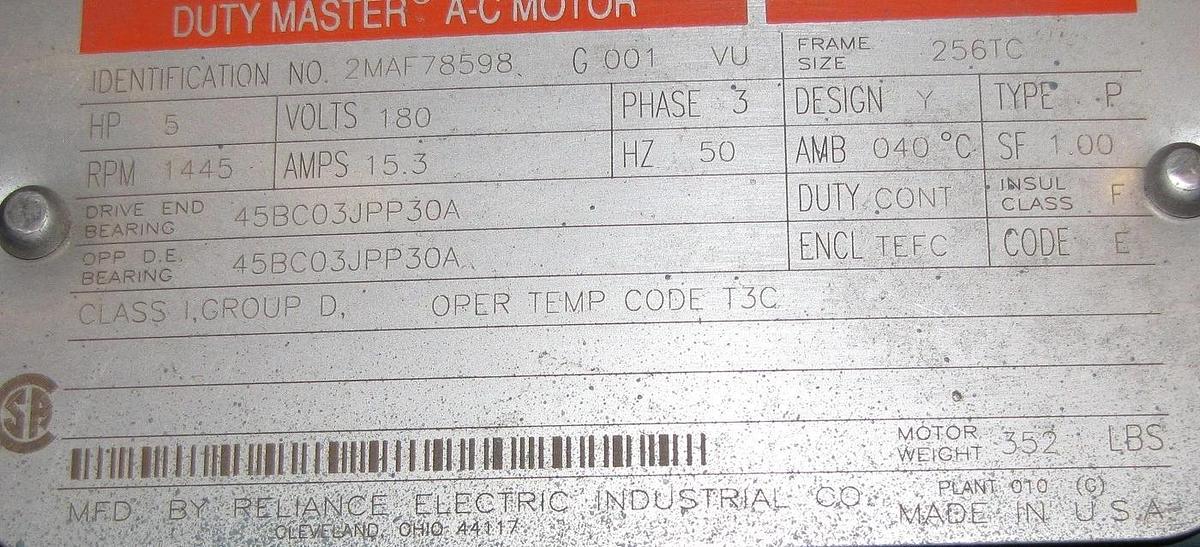 Reliance 5HP Electric  MOTOR 180 volt  Hazardous  1445 RPM, 50HZ  BEI Encoder
