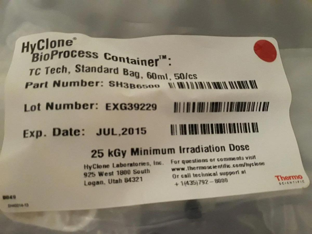 Thermo Scientific Hyclone BioProcess Container SH3B6500  Tech Standard Bag 60ml