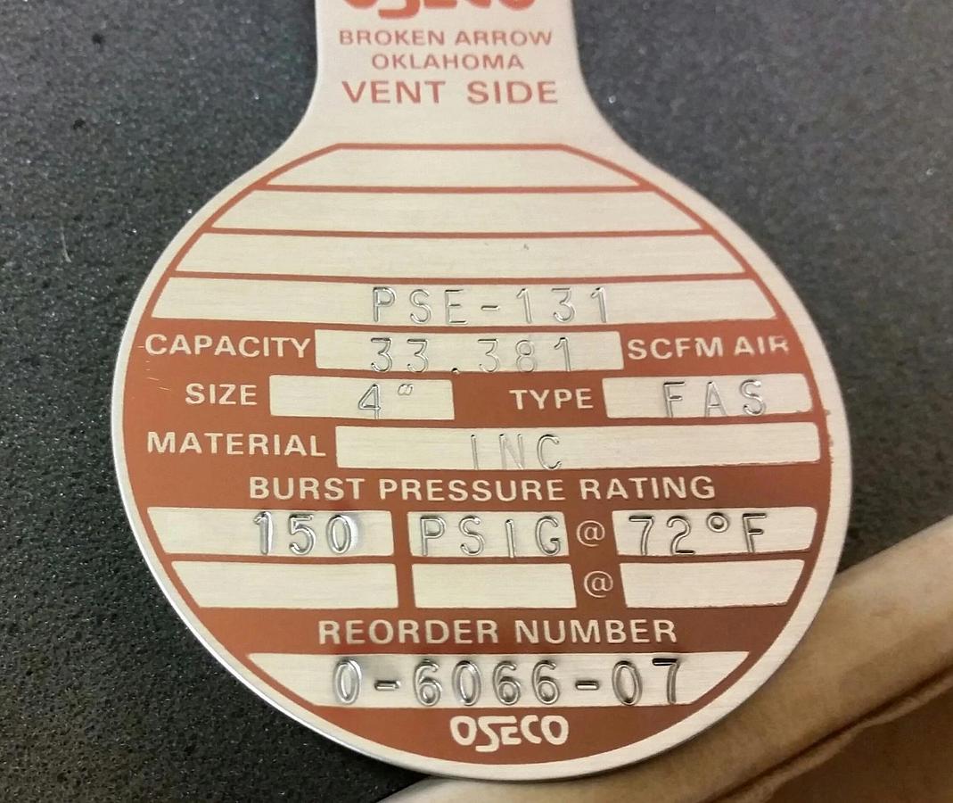 4" Oseco FAS Rupture Disc 150 psig @ 72°F,  Inconel