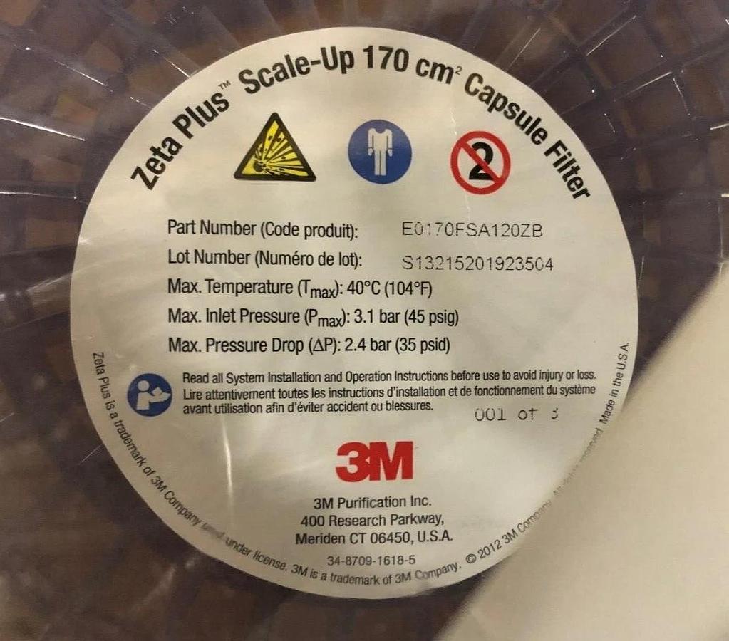 Used 3M Zeta Plus Encapsulated System Scale-Up Filter Capsule E0170FSA120ZB, 170 cm²