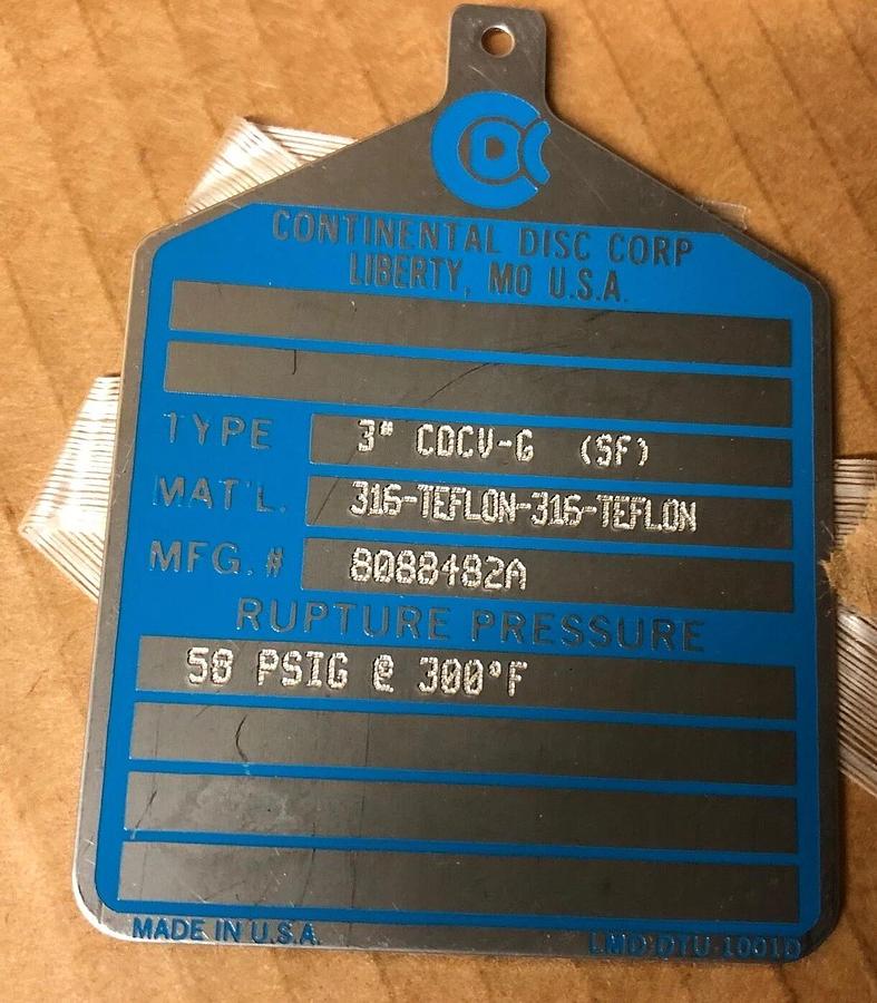 Continental Rupture Disc 3" CDCV-G (SF), 58 psig @ 300 Deg. F, 316-Teflon-316