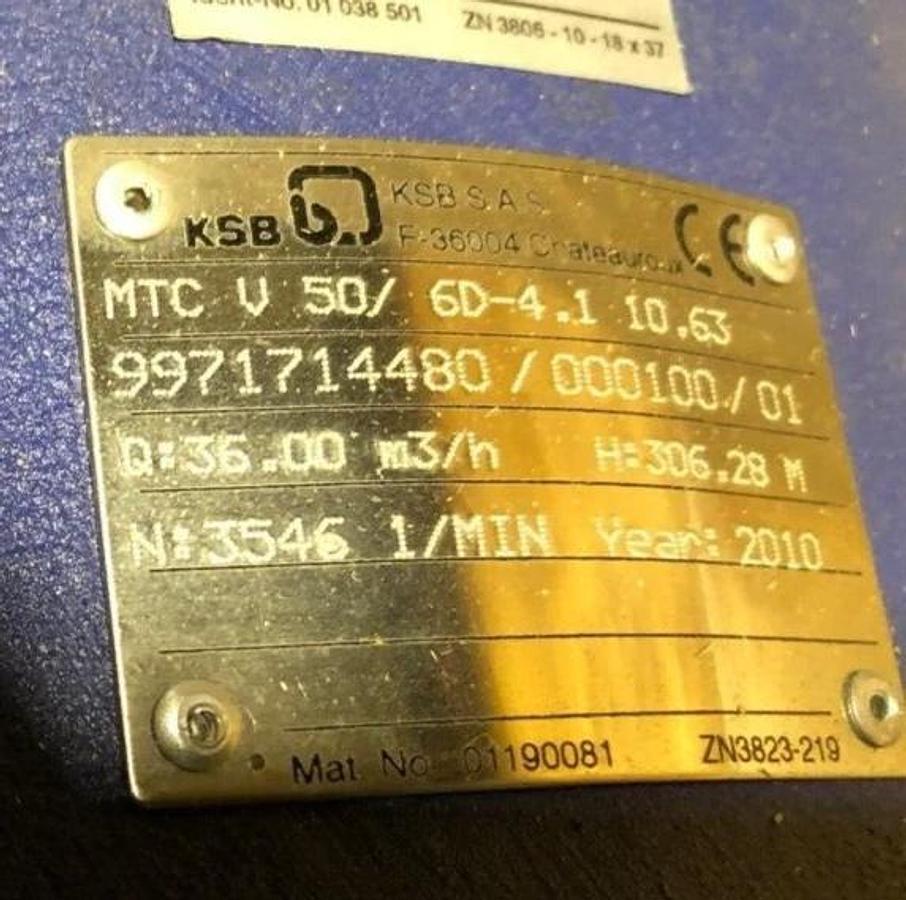 KSB Multitec MTC V50/6D-4.1 10.63 Vertical RO pump high pressure