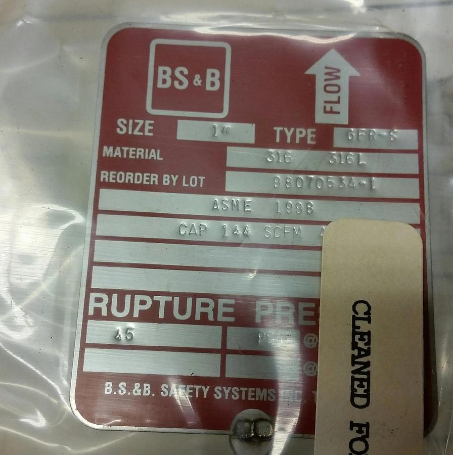 BS&B 1" GFR-S Rupture Disk 45 PSIG @ 72°F  316