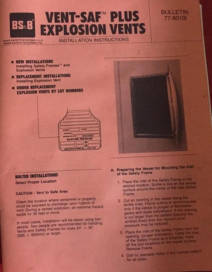 Used BS&B Safety Systems VSP-3A2 Vent-Saf Plus Explosion Vent 36x36 Inch