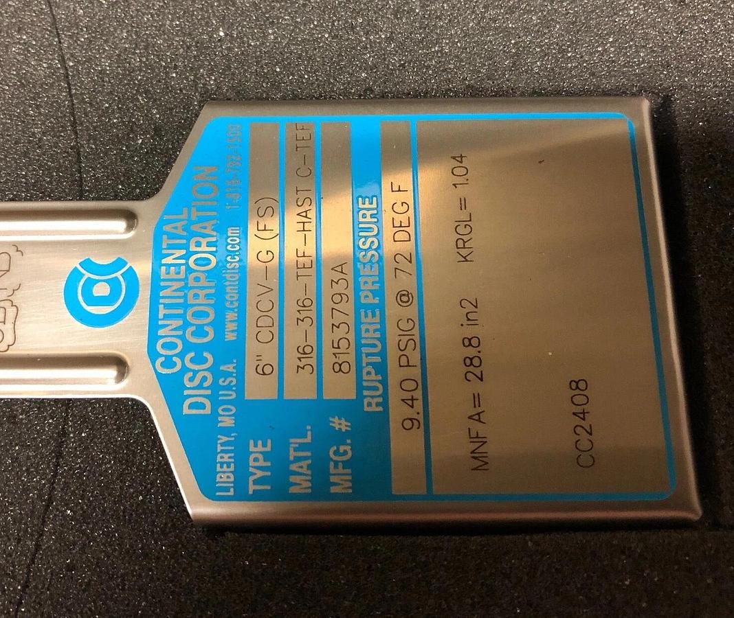 Continental Rupture Disc 6" CDCV-G (FS), 9.4 psig @ 72 Deg. F, 316-Teflon-HAST
