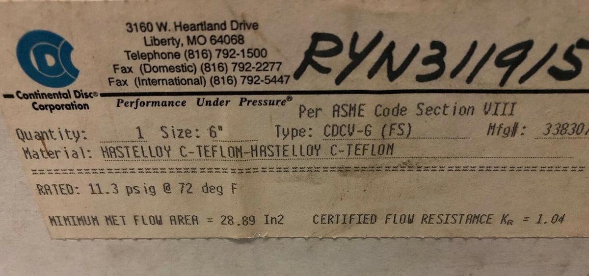 Continental Rupture Disc 6" CDCV-G (FS), 11.3 psig @ 72 Deg. F, HAST C-Teflon