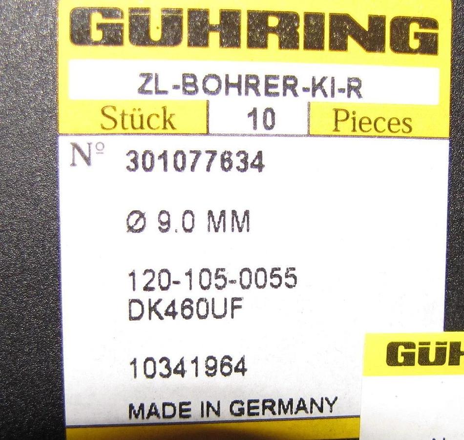 10 Guhring  Drill Carbide DK460UF Coolant  9mm ZL-Bohrer-KI-R *new*