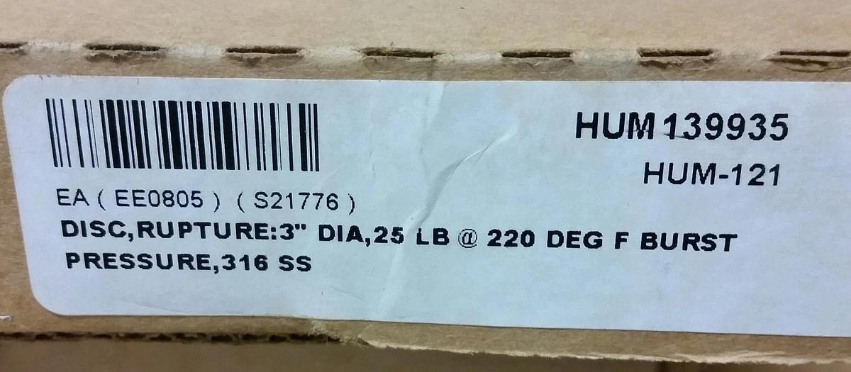 BS&B 3" Rupture Disk type JRS, 25 PSIG @ 220°F  316/316