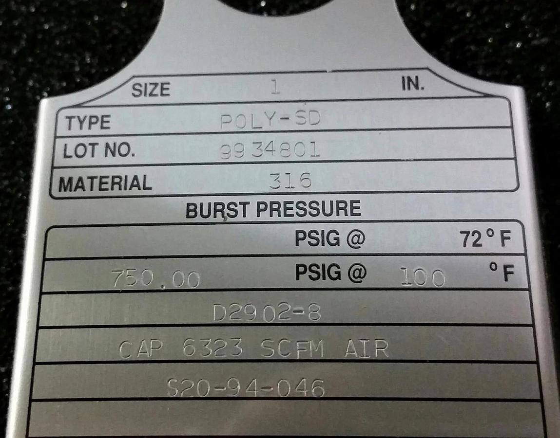Fike POLY-SD Rupture Disc 1",  750 psig @ 100 Deg. F, 316