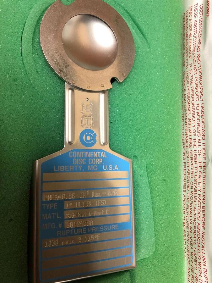 Continental Rupture Disc 1" ULTRX (FS),  1030 psig @ 115 Deg. F, 316 - HAST C -