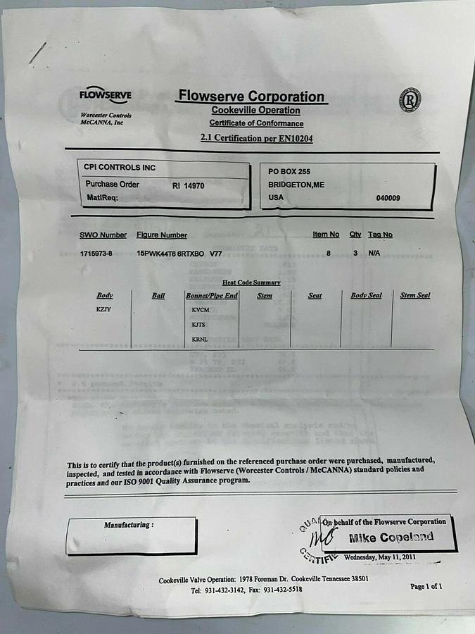 Used Flowserve Worcester Controls 1-1/2'' Ball valve PWK4466RTXBO Butt Weld 400F