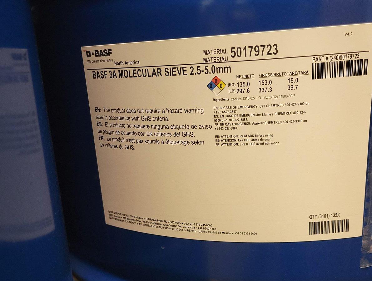 135 KG Steel Drum BASF MOLECULAR SIEVE 3A 2,5-5,0mm adsorbent beads 