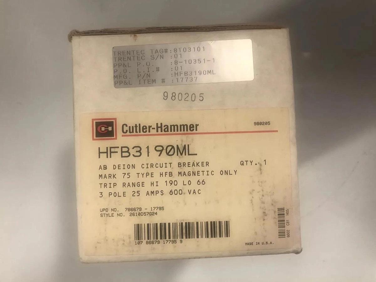 Used Cutler Hammer HFB319OML AB De-ion Circuit Breaker 3 Pole 600 V AC 25 amp