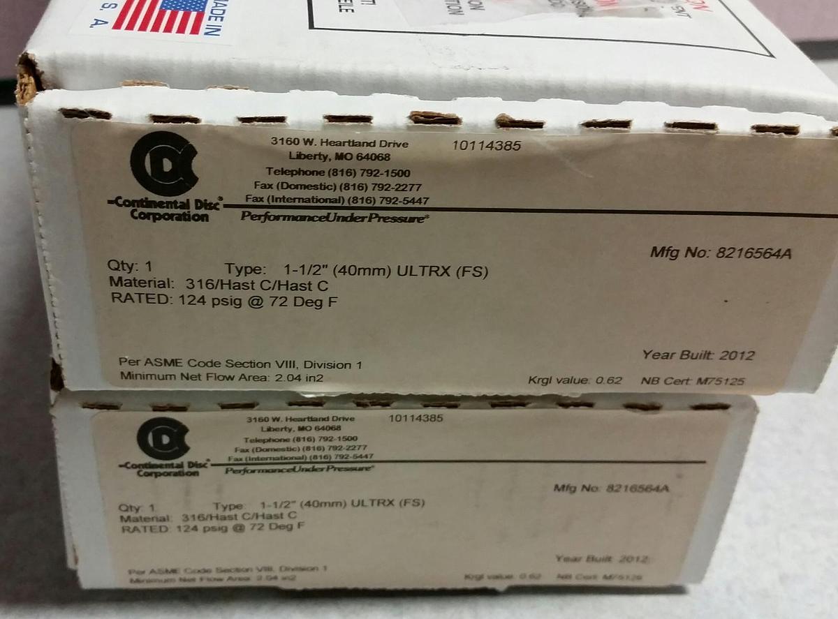 Continental Rupture Disc 1-1/2" ULTRX (FS), 124 psig @ 72 Deg. F, 316-HAST C