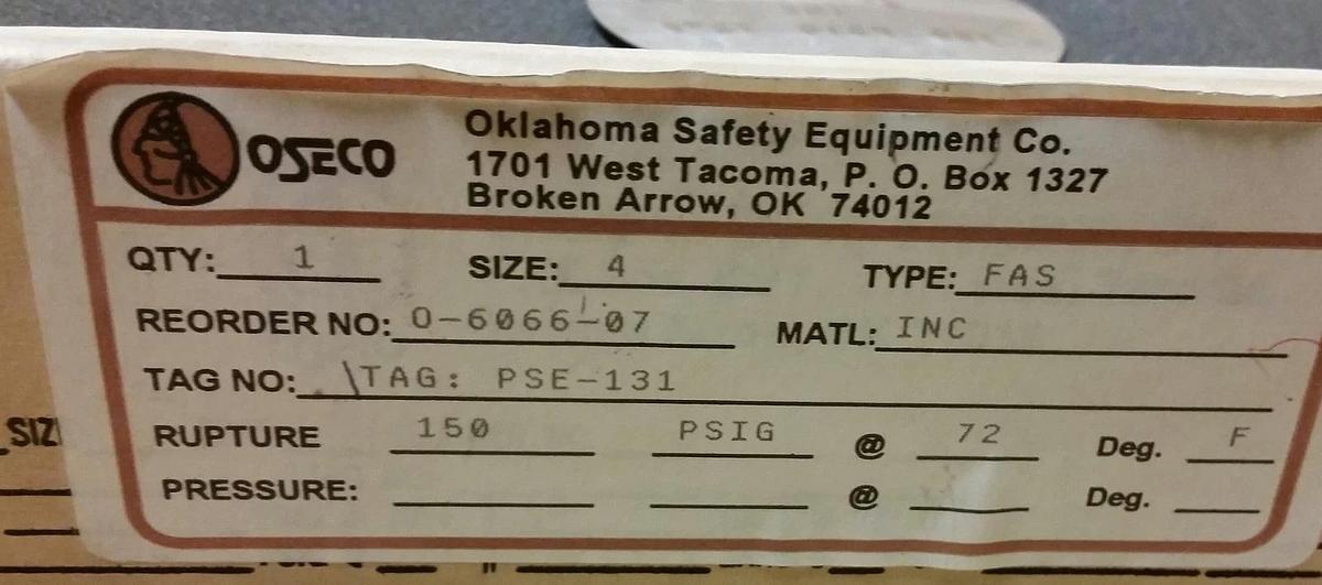 4" Oseco FAS Rupture Disc 150 psig @ 72°F,  Inconel