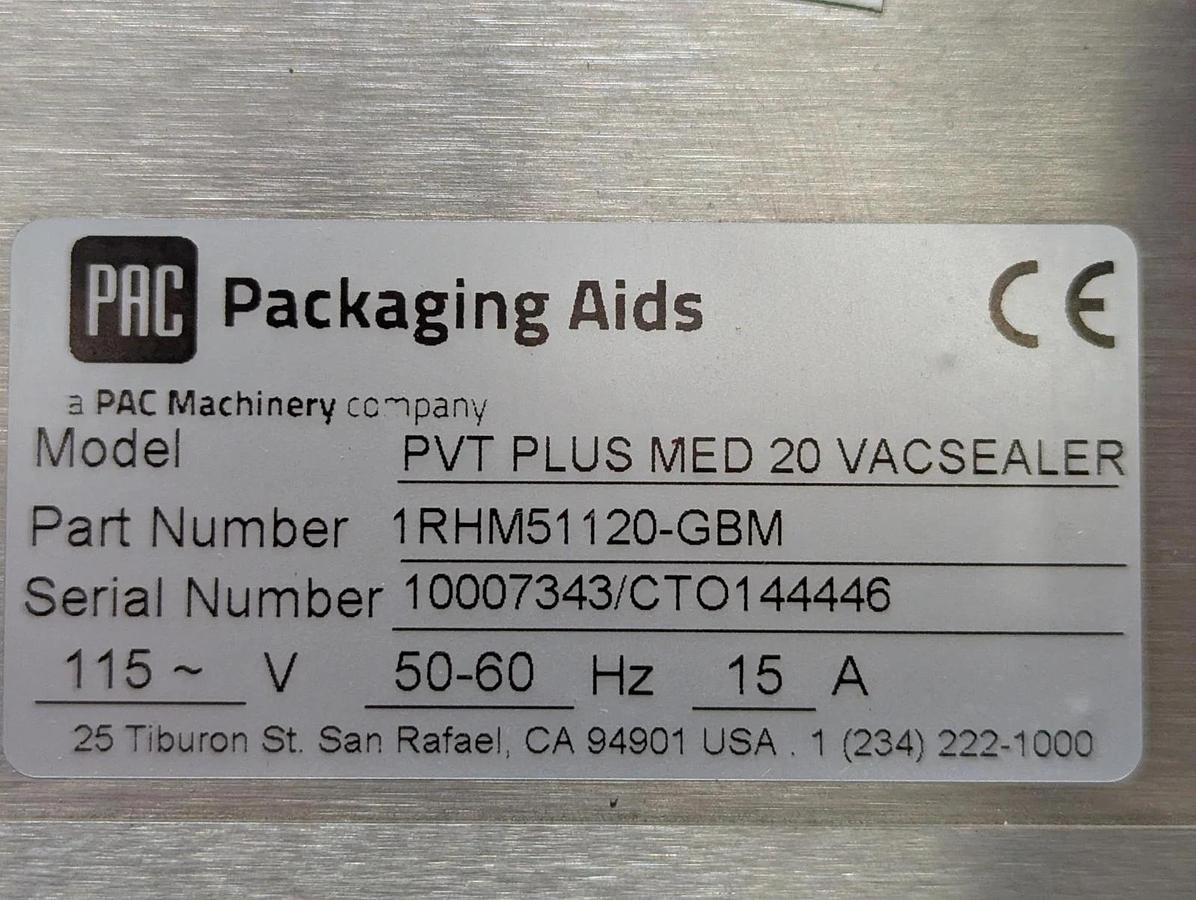 Used PAC Packaging Aids PVT Plus MED 20 Vacuum sealer