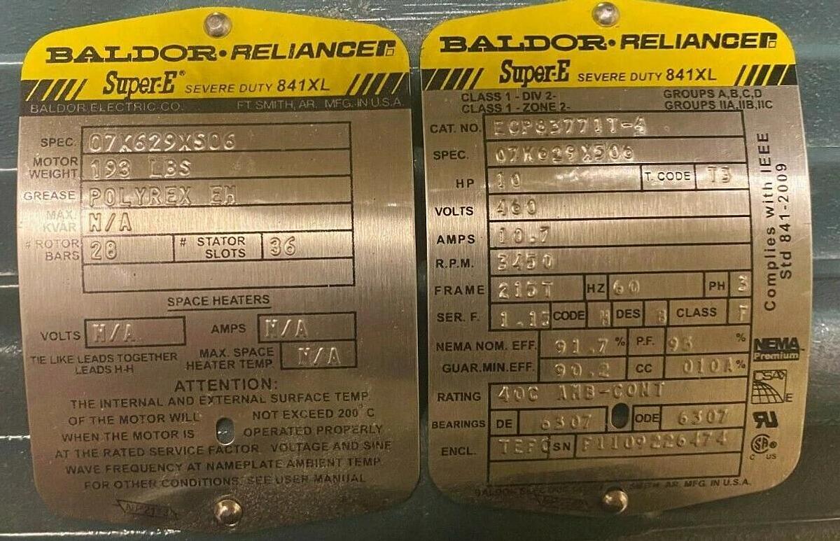 Used 10 HP Baldor Super-E Severe Duty 841XL  ECP83771T-4 Electric Motor 3450 RPM