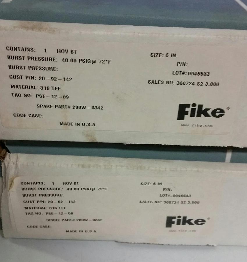 Fike 6"  HOV BT Rupture Disc  40 psi @ 72 °F, 316 TEF