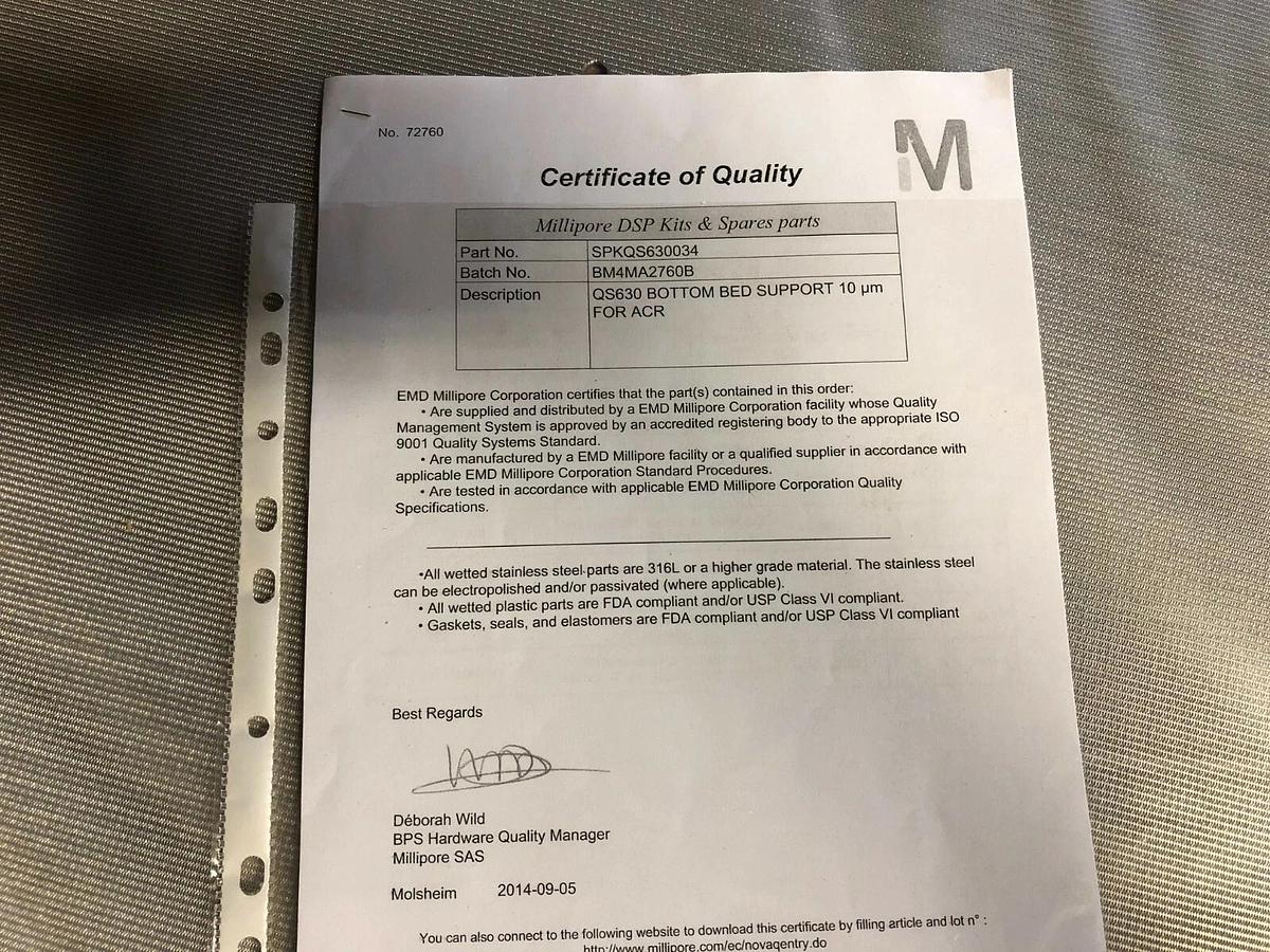 Used 63 cm  Millipore QuikScale® Chromatography Column 10 µm bed support, QS630
